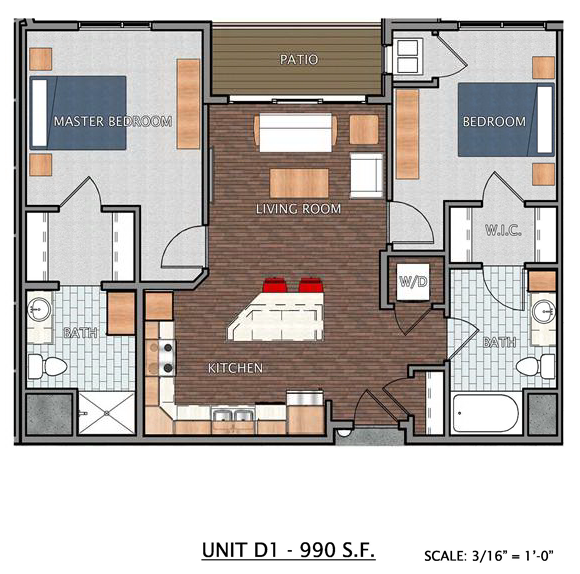 Floor plan for 2 beds, 2 baths, 990 sqft